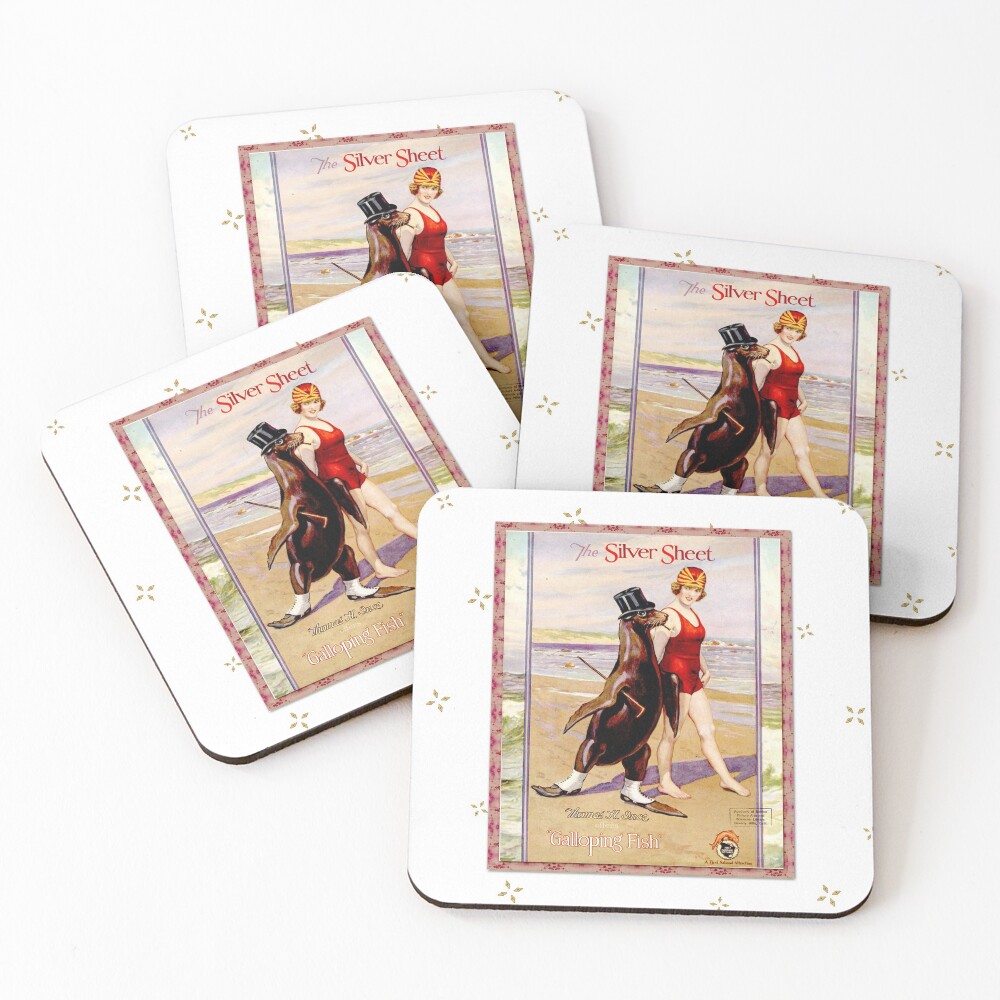 Silver Sheet Galloping Fish Antique Magazine Bathing Beauty With Top Hat Wearing Sea Lion Coasters (Set of 4)
