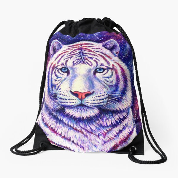 Among the Stars - Cosmic White Tiger Drawstring Bag