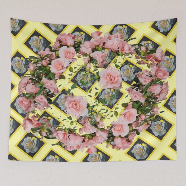 Item preview,  YELLOW GARDEN  LATTICE ANTIQUE PINK ROSES GREY ART designed and sold by sharlesart.