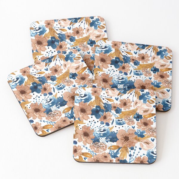 Item preview, Loose sienna and indigo watercolor flowers designed and sold by CrisBanana.