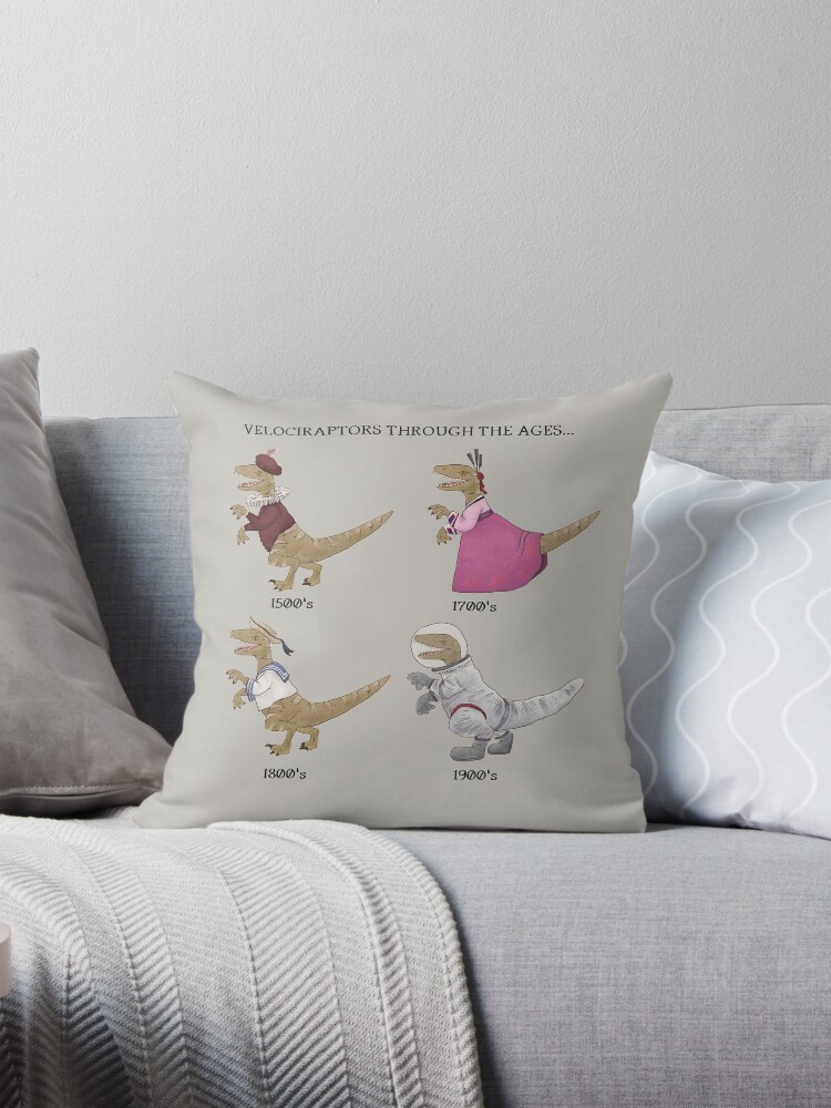 Thumbnail 1 of 4, Pillow, Velociraptor Through The Ages designed and sold by Angypants.
