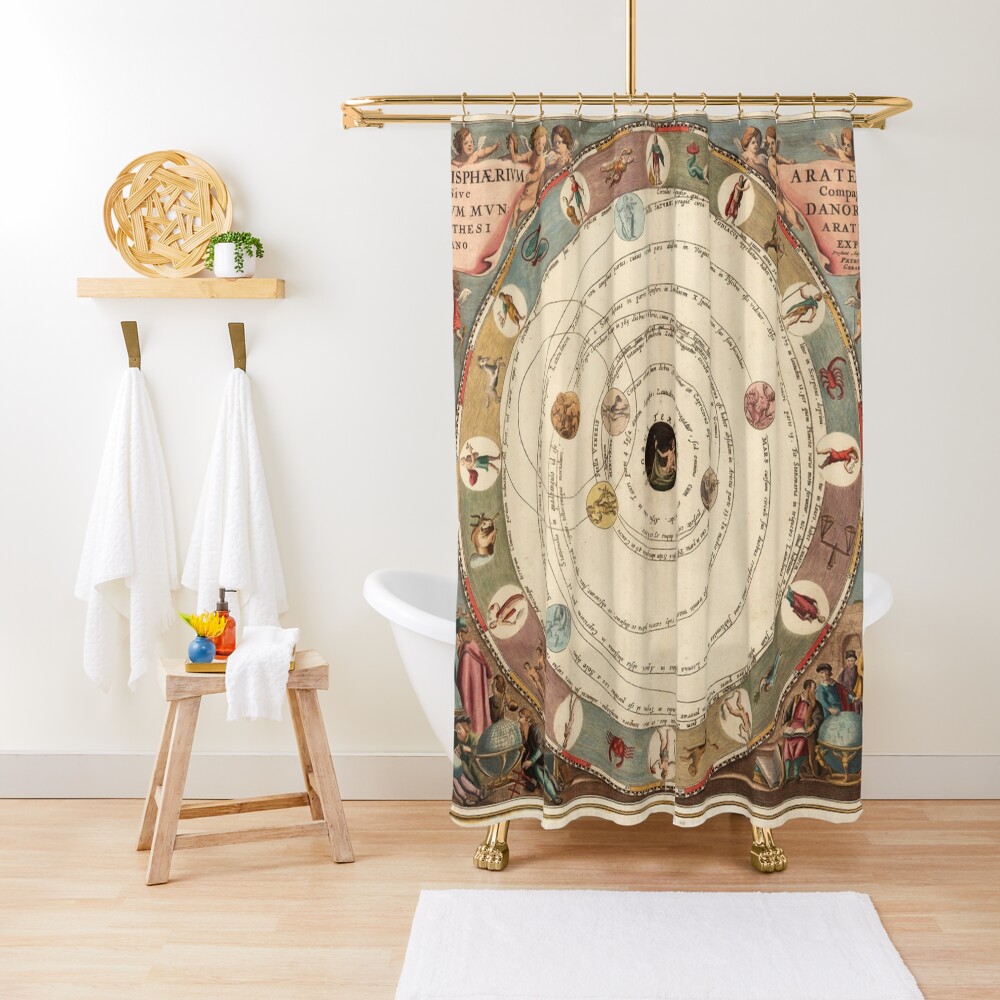 "Vintage Zodiac Circle with Horoscope" Shower Curtain by rachelmanrm