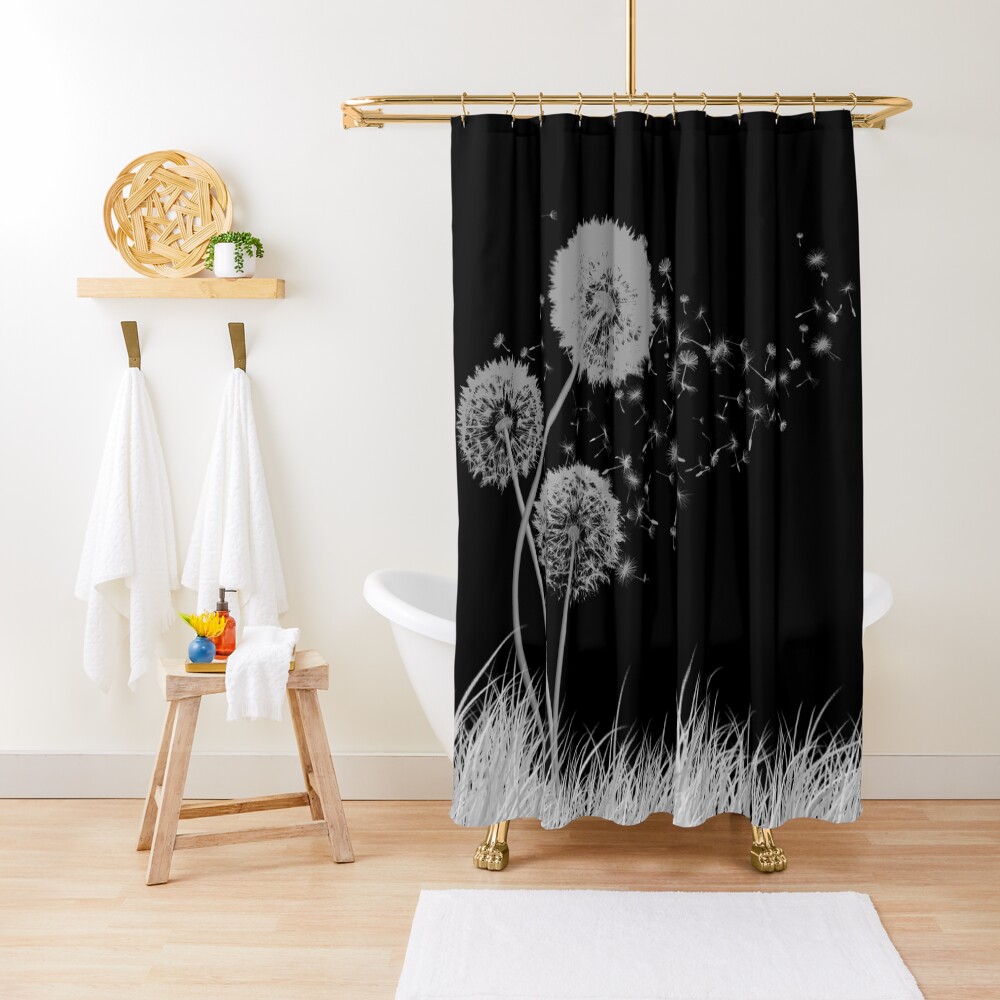Dandelion Wishes on Black Shower Curtain