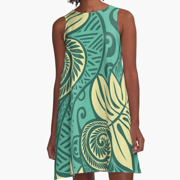 Hawaiian ulu breadfruit turquoise blue cream design A-Line Dress