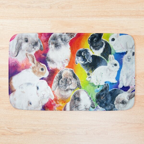 Painted bunnies in a rainbow Bath Mat
