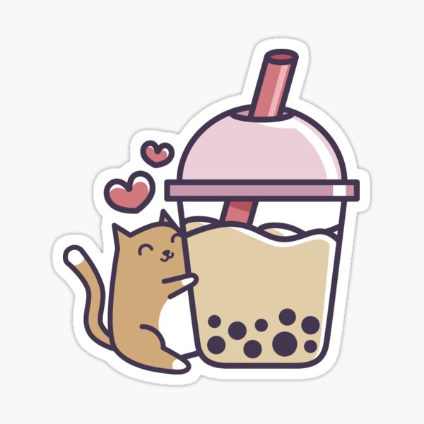 White Kawaii Kitty Drinking Boba Tea Waterproof Sticker