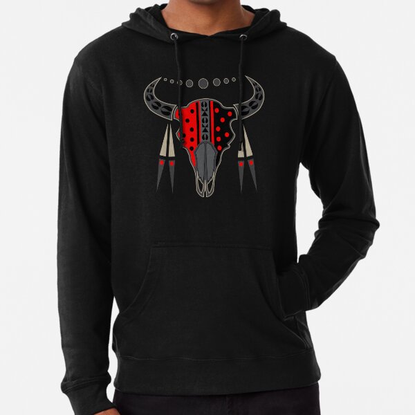 Buffalo Skull and Feathers (Red) Lightweight Hoodie