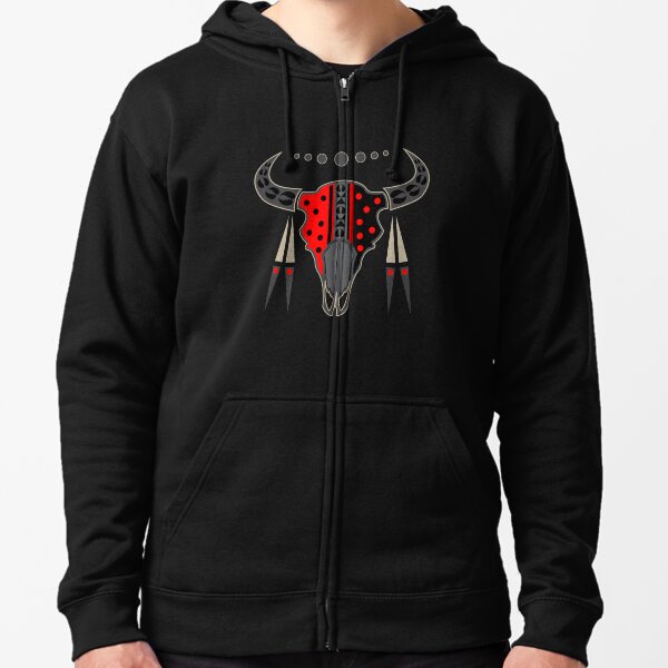 Buffalo Skull and Feathers (Red) Zipped Hoodie