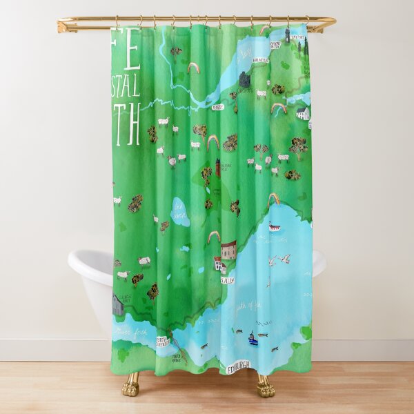 Disover Fife Coastal Path Scotland Illustrated Map Watercolor Art Shower Curtain