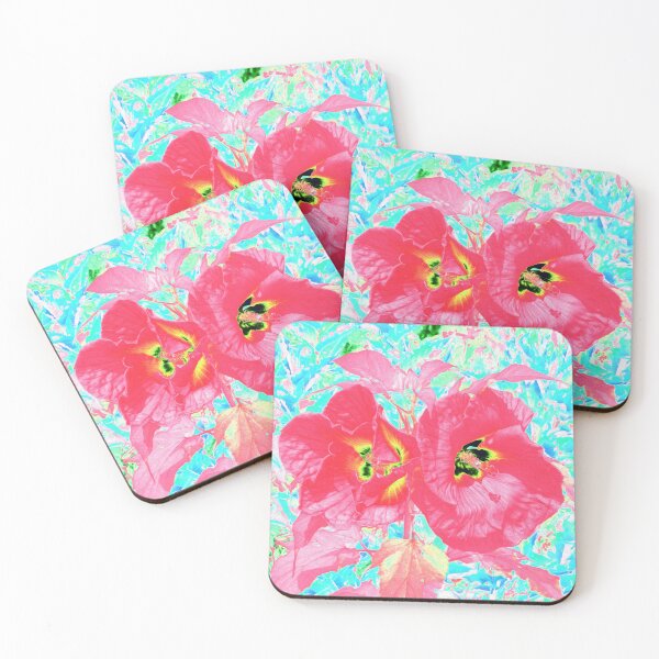 Item preview, Dos ciruelas de coral rojo rosado y hibiscos locos en aguamarina designed and sold by myrubiogarden.