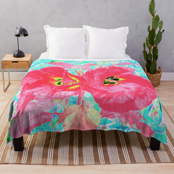 Item preview, Two Rosy Red Coral Plum Crazy Hibiscus on Aqua designed and sold by myrubiogarden.