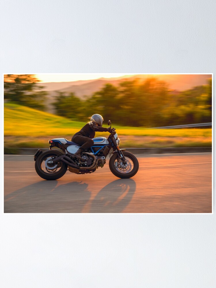 Ducati Cafe Racer Woman Rider In Sunset Poster By Idangrun Redbubble