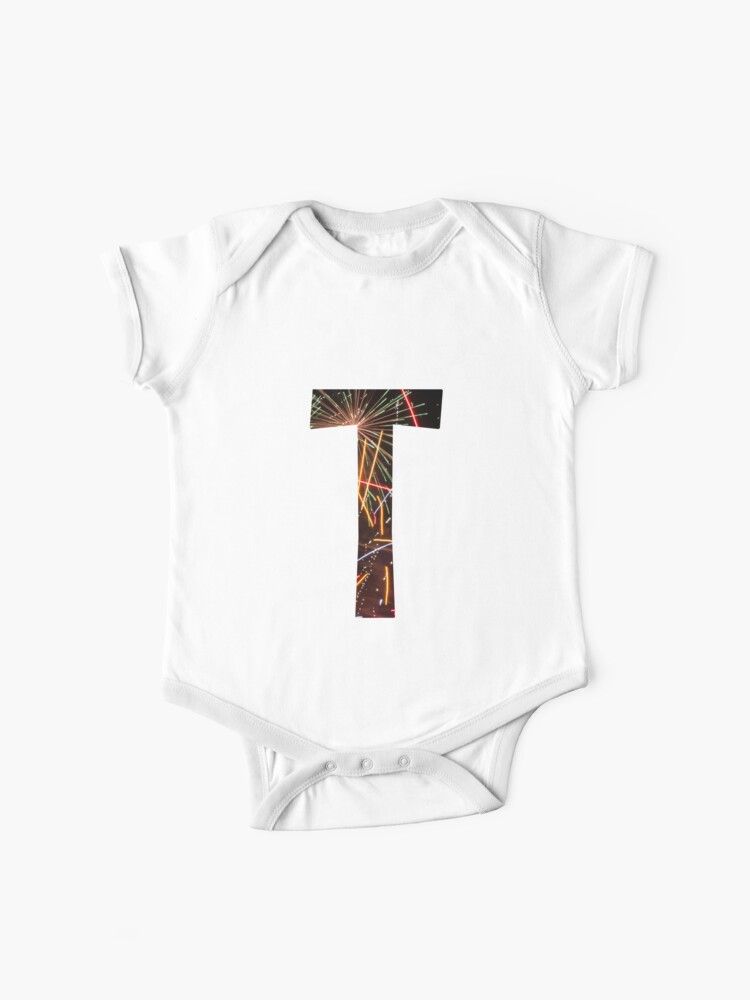 T Tee Letter In Fireworks Baby One Piece By Carolina J Redbubble