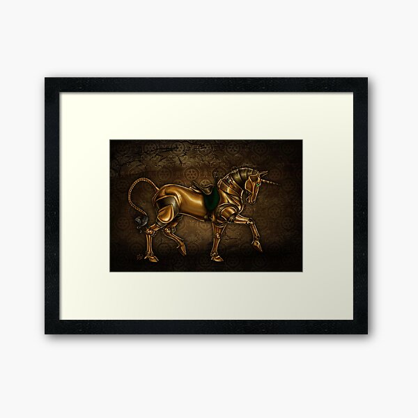 Steampunk Unicorn Damask Framed Art Print
