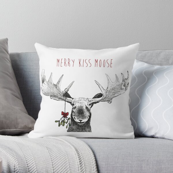 Merry Kiss Moose Christmas Mistletoe Throw Pillow