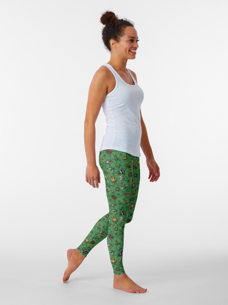 Bugs & Insects on Green Floral Background Leggings for Sale by