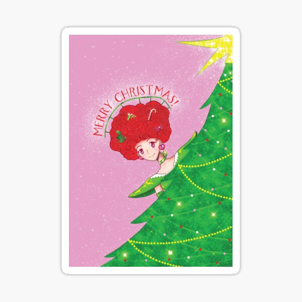 Funky Anime Elf Girl and Christmas Tree - MERRY CHRISTMAS! Sticker