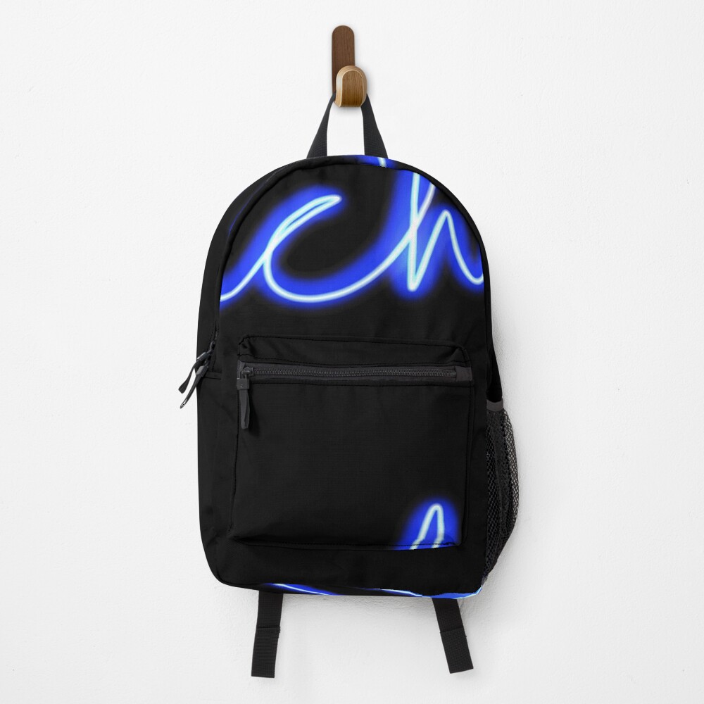 Chill Neon Sign - Blue With Black Background on a backpack