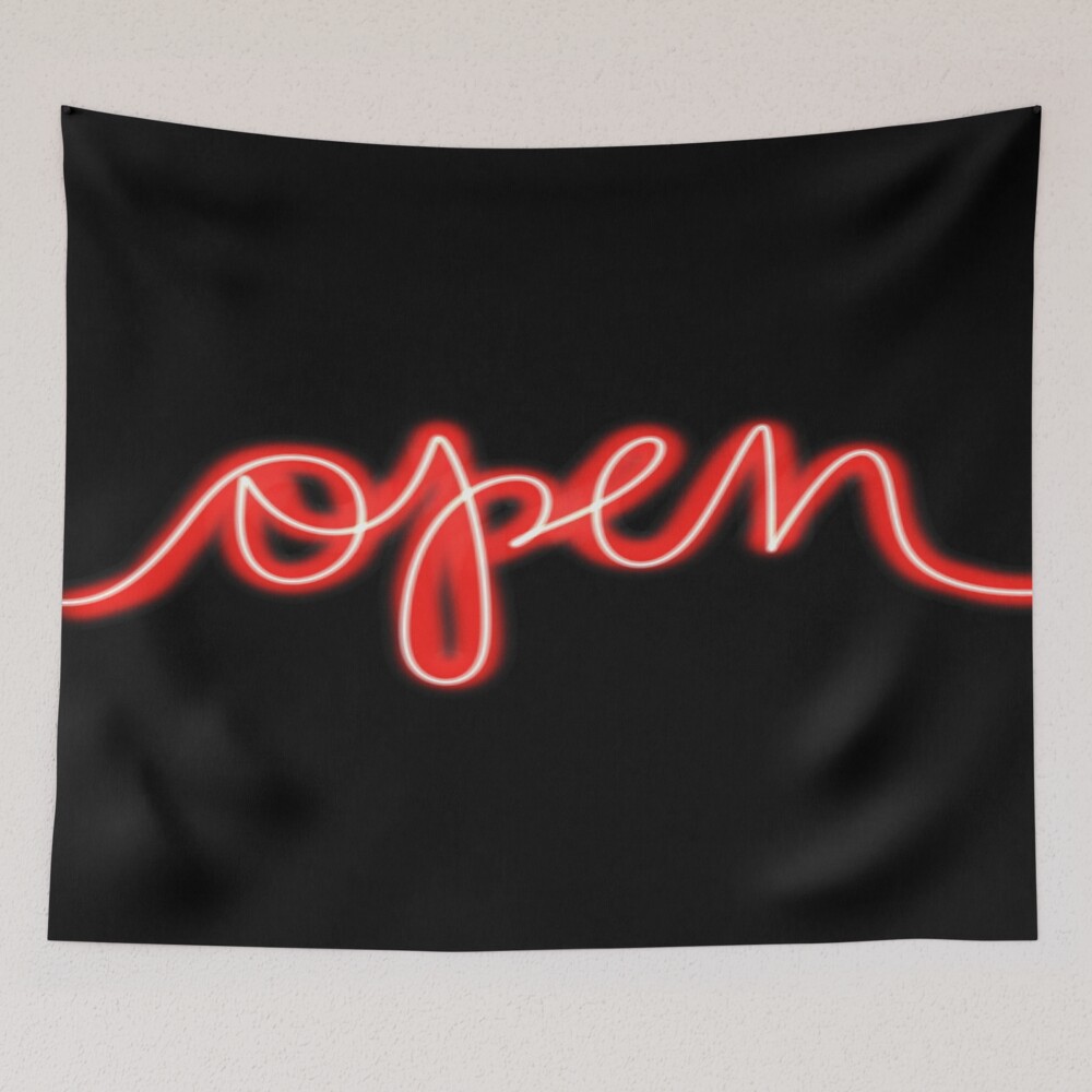 Open Red Neon Sign on a tapestry