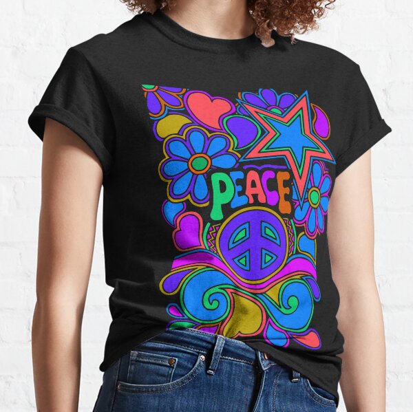 Peace and Love Flowers and Stars Hippie Design Classic T-Shirt