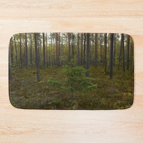 Item preview, Young beautiful green spruce tree in a rainy autumn pine forest designed and sold by yarvin13.