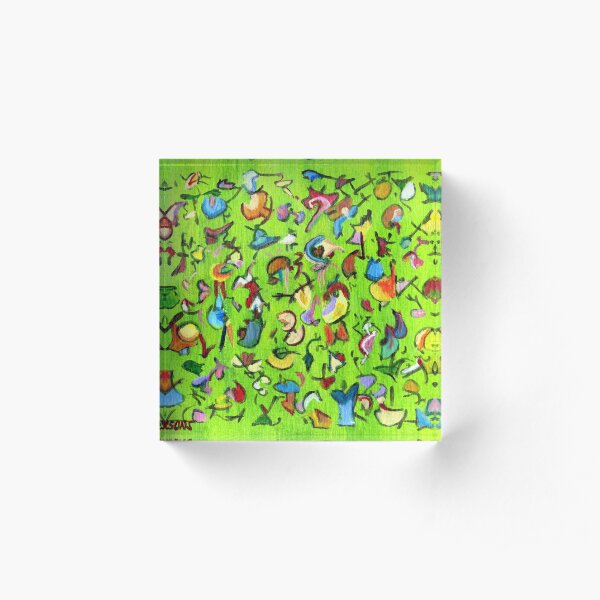 Birds and Bugs. Abstract expressionist acrylic painting by Pamela Parsons. green Acrylic Block