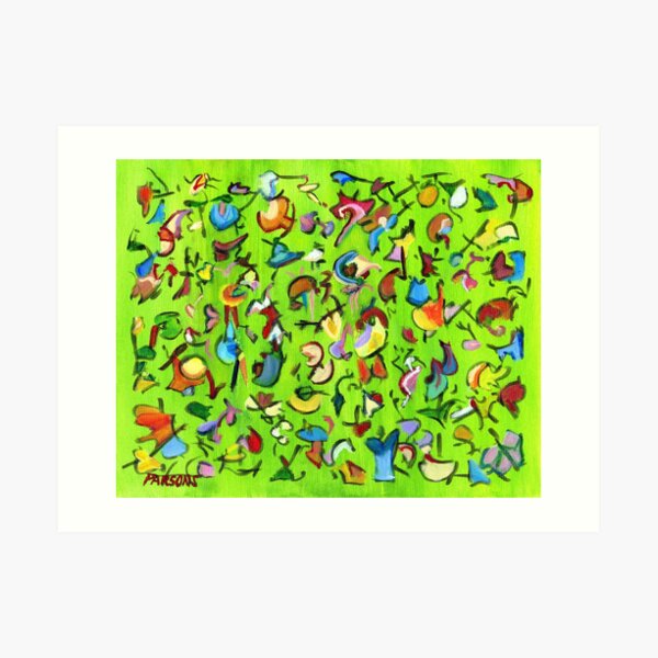 Birds and Bugs. Abstract expressionist acrylic painting by Pamela Parsons. green Art Print