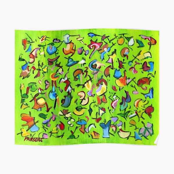 Birds and Bugs. Abstract expressionist acrylic painting by Pamela Parsons. green Poster