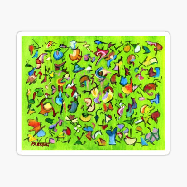 Birds and Bugs. Abstract expressionist acrylic painting by Pamela Parsons. green Sticker