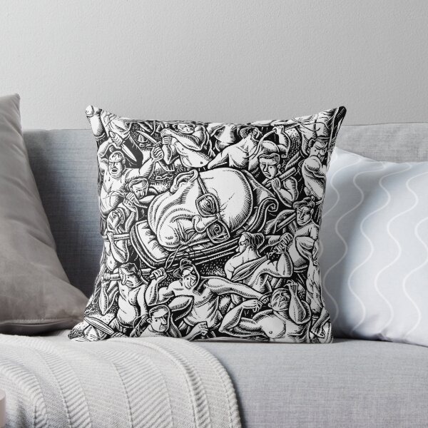 The Giant Head of Philosopher Michel Foucault amidst a scene of Whipping and Flagellation Throw Pillow