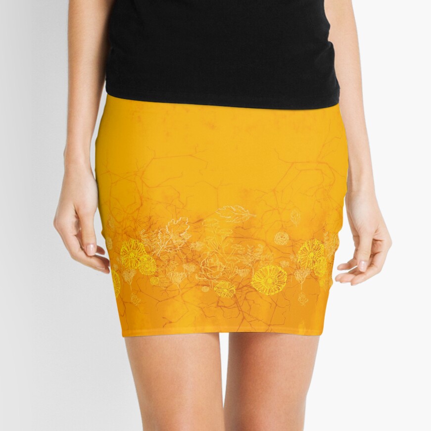 Golden yellow flower border digital painting floral pattern design Mini Skirt