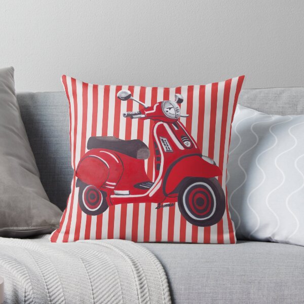 Red Vespa scooter in retro red and white stripes Throw Pillow