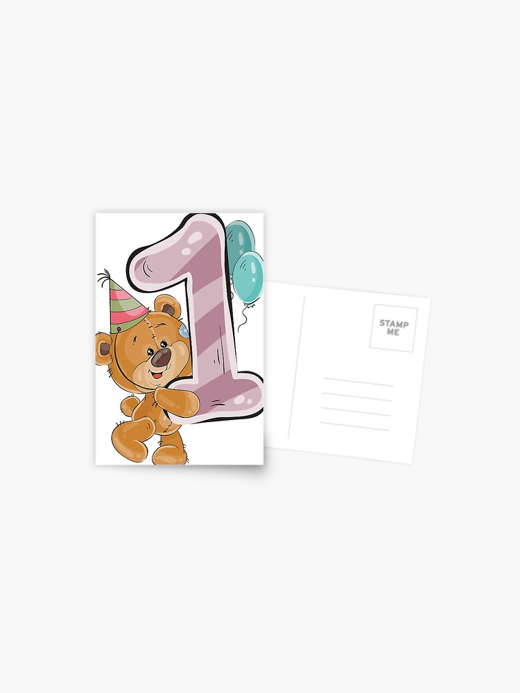 Carte de vœux avec l'œuvre « 1 an premier anniversaire ours en peluche avec  des ballons joyeux anniversaire » de l'artiste Trenddesigns24