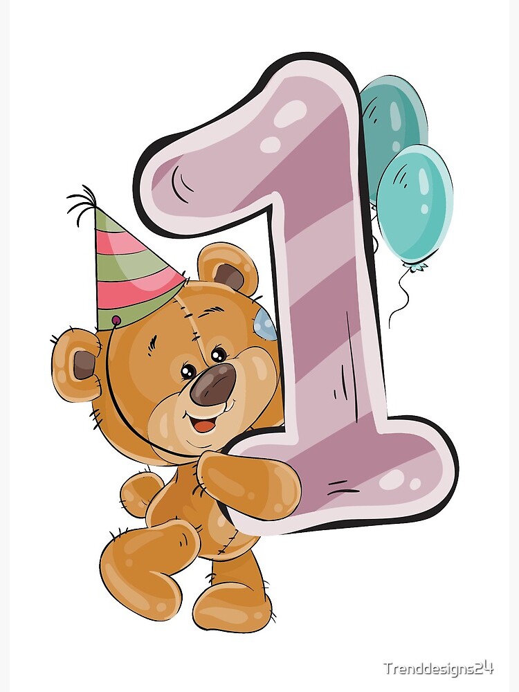 Lámina rígida con la obra «1 año Primer cumpleaños Osito de peluche con  globos Feliz cumpleaños» de Trenddesigns24
