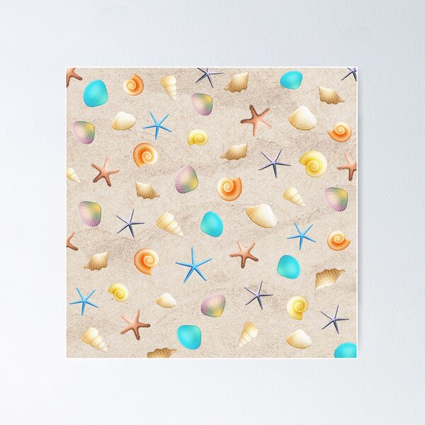 Sammlung von Muscheln auf Sand und Seestern Poster
