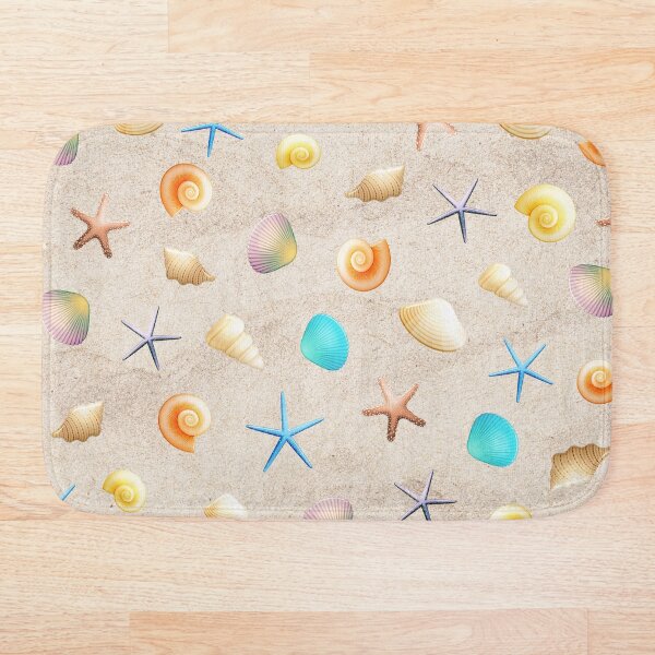 Collection of shells on sand and starfish Bath Mat