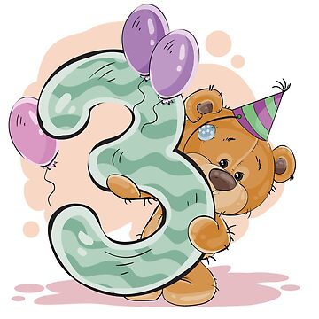Lámina rígida con la obra «3 tres años osito de peluche con globos  cumpleaños 3 tercer feliz cumpleaños» de Trenddesigns24