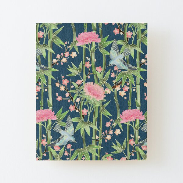 Bamboo, Birds and Blossom - dark teal Wood Mounted Print