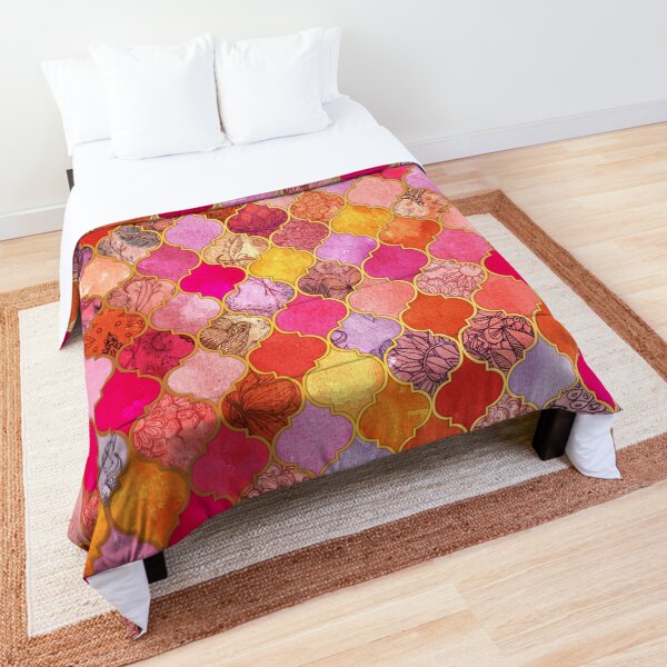 Hot Pink, Gold, Tangerine & Taupe Decorative Moroccan Tile Pattern Comforter