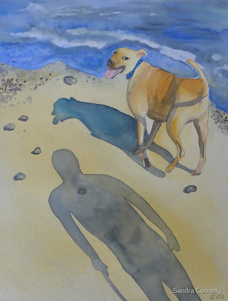 "Dog at the Beach Fun Watercolor and Ink Painting" by Sandra Connelly