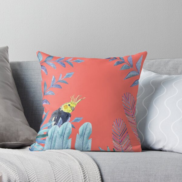 Item preview, Cockatiel with tropical foliage and coral pink background  designed and sold by Sandra Connelly.