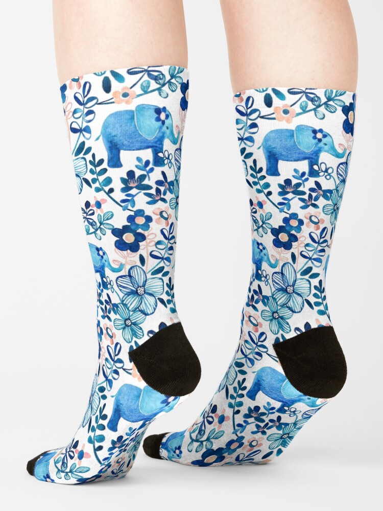 Alternate view of Blush Pink, White and Blue Elephant and Floral Watercolor Pattern Socks
