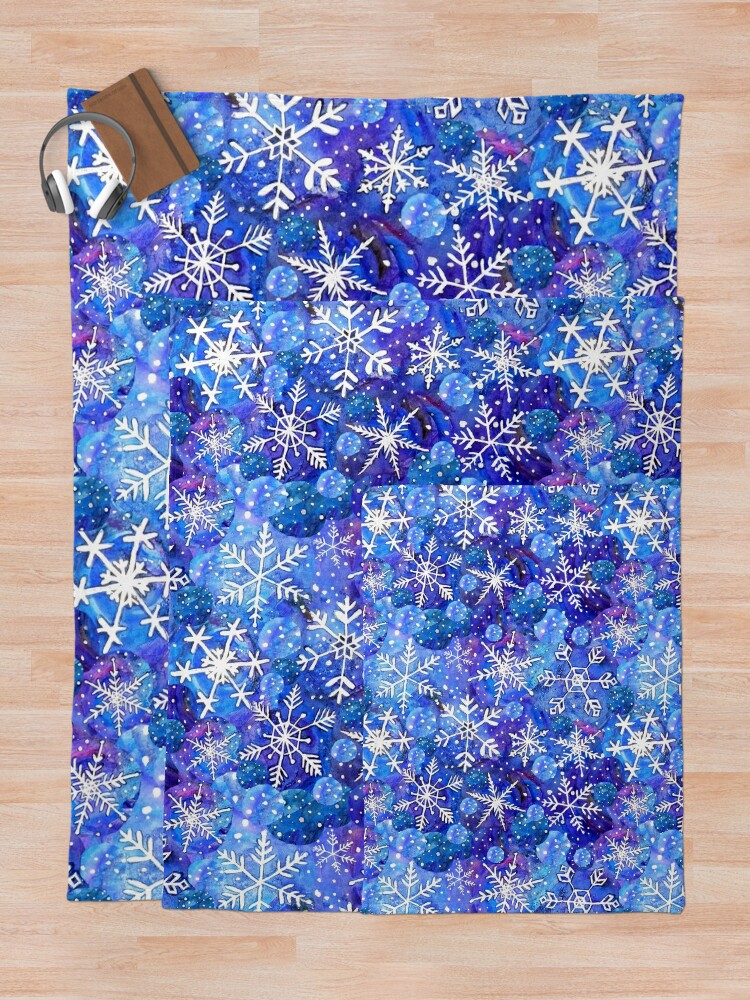Alternate view of Christmas snowflake midnight sky on blue , painted in watercolor Throw Blanket