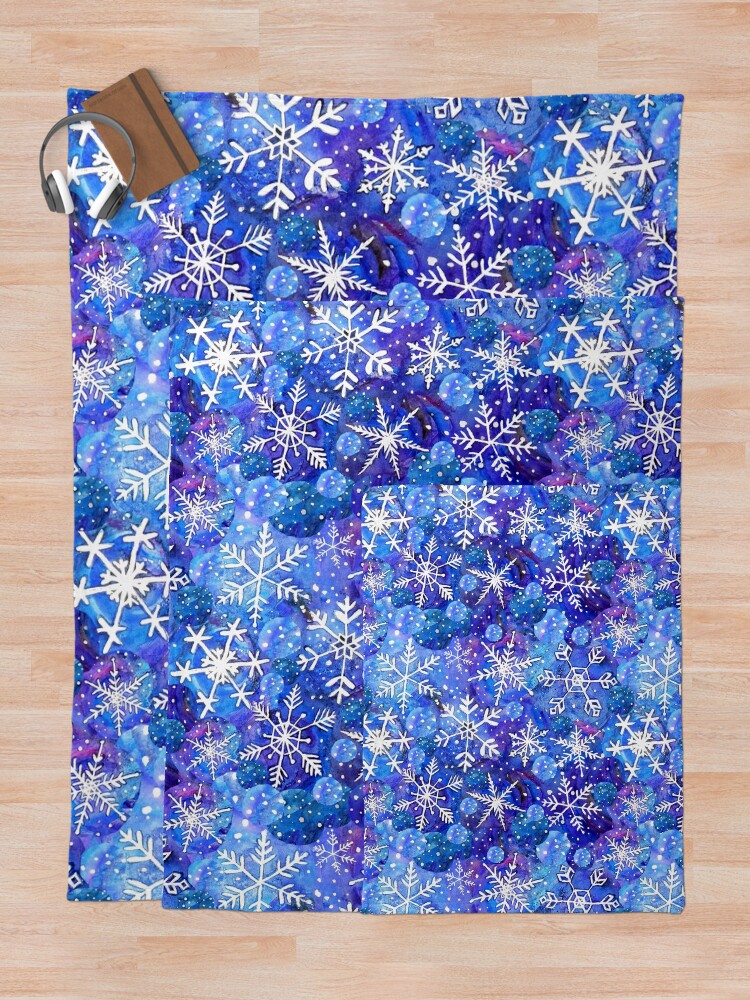 Alternate view of Christmas snowflake midnight sky on blue , painted in watercolor Throw Blanket