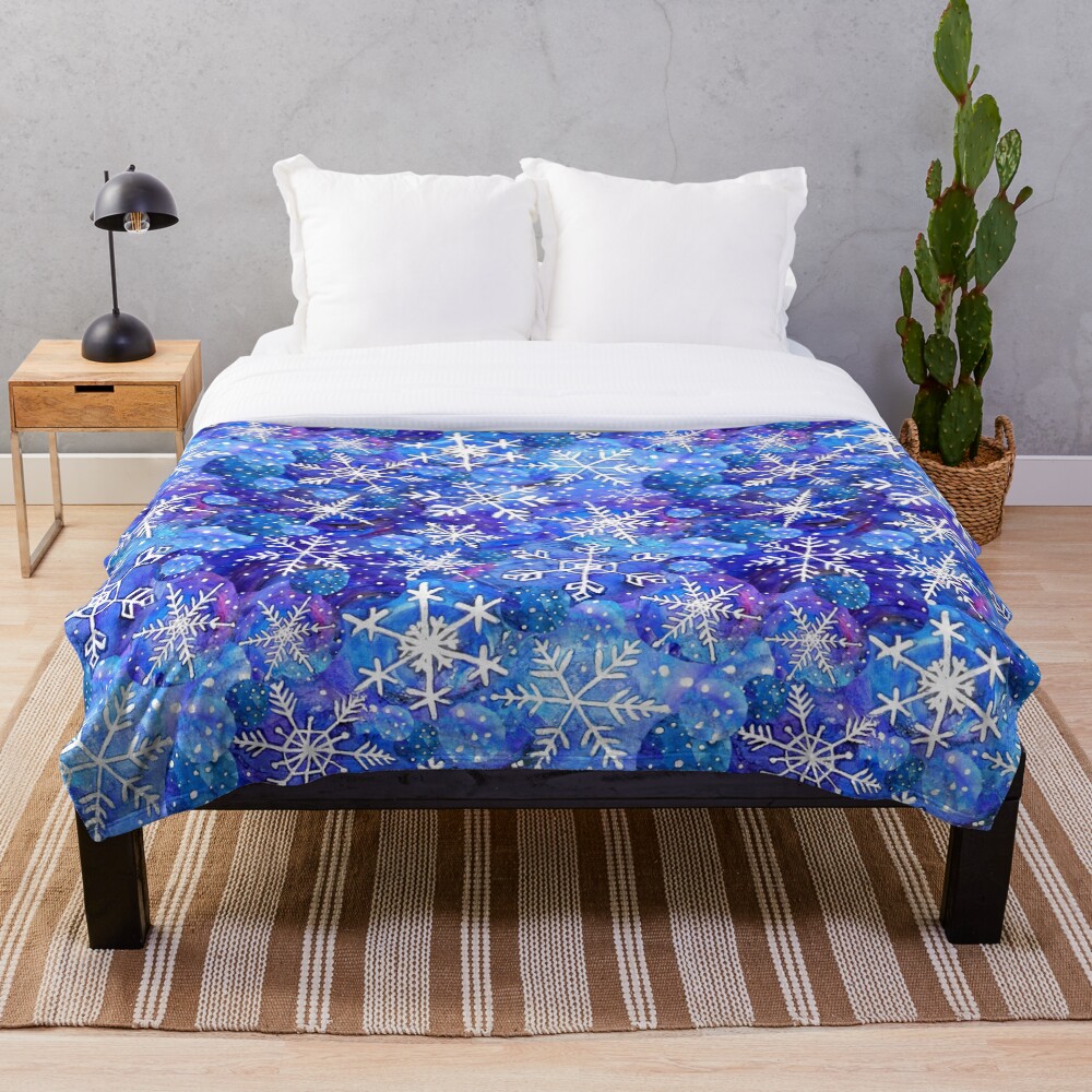 Christmas snowflake midnight sky on blue , painted in watercolor Throw Blanket