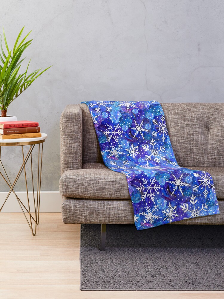 Alternate view of Christmas snowflake midnight sky on blue , painted in watercolor Throw Blanket