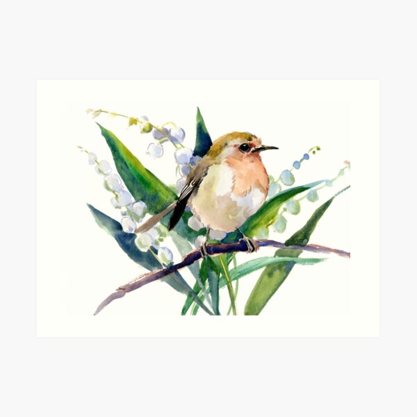 Robin Bird and Lilies of the Valley Flowers Art Print