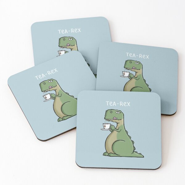 Tea-Rex - Funny T-Rex Dinosaur Tea Pun Cartoon Illustration Coasters (Set of 4)