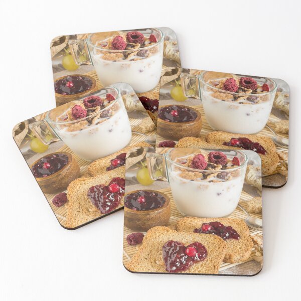 Item preview, autumnal food background with milk, cereal, rusks and wildberries jam, cornflakes designed and sold by graphic3000.