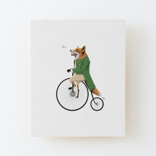 Fox riding bike in chase of dragonfly Wood Mounted Print